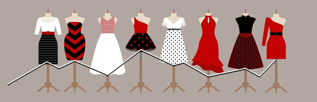 Row of illustrated dresses with a market line following the hems