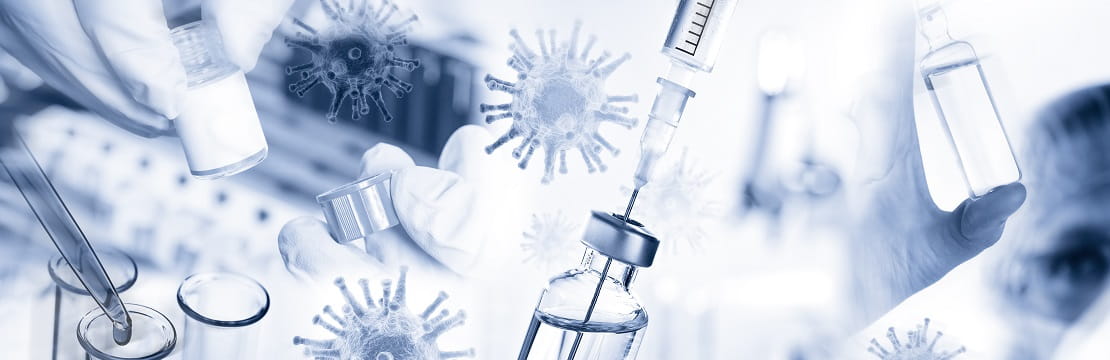 A blue-and-white collection of images related to vaccines, viruses and medical test tubes